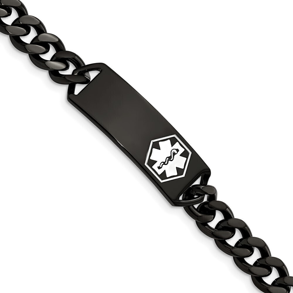 Kazi Luxury Stainless Steel Polished Black IP w/White Enamel 8in MED ID Bracelet